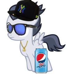 Size: 714x808 | Tagged: safe, rumble, g4, bling, colt, cute, dollar sign, hat, male, new york yankees, pepsi, simple background, soda, solo, sunglasses, white background