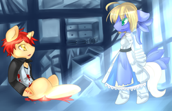 Size: 1762x1140 | Tagged: safe, artist:fluffire, earth pony, pony, unicorn, artoria pendragon, bipedal, blood, fate/stay night, floppy ears, looking at each other, looking at someone, ponified, saber, shirou emiya, weapon