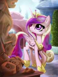 Size: 1905x2500 | Tagged: safe, artist:fidzfox, princess amore, princess cadance, alicorn, pony, g4, crown, crystal empire, female, high res, hoof shoes, jewelry, looking at something, looking up, mare, regalia, scenery, solo, statue, tiara, walking