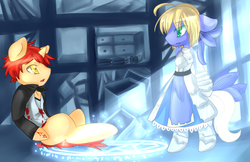 Size: 1762x1140 | Tagged: safe, alternate version, artist:fluffire, artist:kaitlyn23, earth pony, pony, unicorn, artoria pendragon, bipedal, blood, fate/stay night, floppy ears, looking at each other, magic, magic circle, saber, shirou emiya