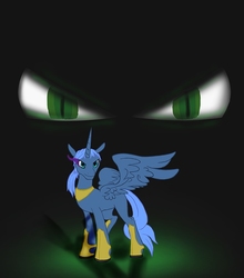 Size: 701x798 | Tagged: safe, artist:mysterygamer3000, princess luna, fanfic:finding artemis, g4, boots, dark magic, fanfic, fanfic art, glowing eyes, magic, peytral, prince artemis, rule 63, shoes, sombra eyes