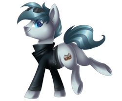 Size: 2530x2097 | Tagged: safe, artist:scarlet-spectrum, oc, oc only, oc:rhythm, earth pony, pony, blue eyes, clothes, commission, high res, jacket, looking at you, male, raised leg, simple background, smiling, solo, stallion, sunglasses, transparent background, underhoof