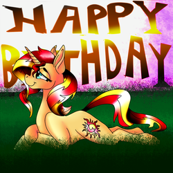 Size: 1600x1600 | Tagged: safe, artist:brainiac, sunset shimmer, pony, unicorn, g4, bust, cute, female, happy birthday, letter, lidded eyes, lying down, portrait, solo