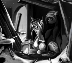 Size: 1024x892 | Tagged: safe, artist:ponsce, oc, oc only, earth pony, ghost, pony, bandage, can, duo, female, fire, grayscale, mare, monochrome, mouth hold, ruins, sitting, snow, solo focus