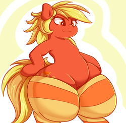 Size: 1280x1250 | Tagged: safe, artist:graphenescloset, oc, oc only, oc:livid lotus, pony, bipedal, chubby, clothes, featureless crotch, female, mare, plump, socks, solo, stockings, striped socks, thigh highs, thunder thighs