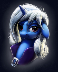 Size: 3071x3800 | Tagged: safe, artist:sceathlet, trixie, pony, unicorn, g4, bust, clothes, face, female, floppy ears, high res, mare, portrait, smiling, solo, trixie's cape