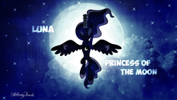 Size: 1600x900 | Tagged: safe, artist:fluttershyikmal, artist:missbeigepony, princess luna, alicorn, pony, g4, cloud, eyes closed, female, full moon, glowing horn, horn, magic, mare, moon, signature, solo, spread wings, stars, vector, wallpaper