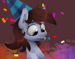 Size: 832x654 | Tagged: safe, artist:chibadeer, oc, oc only, oc:white pie, earth pony, pony, female, hat, mare, party hat, party horn, solo