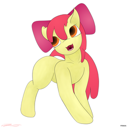 Size: 6000x6000 | Tagged: safe, artist:pyravia, apple bloom, earth pony, pony, g4, absurd resolution, bow, cute little fangs, fangs, female, hair bow, looking back, open mouth, simple background, solo, white background