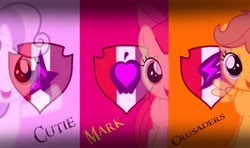 Size: 1296x768 | Tagged: safe, artist:dovahbruh, apple bloom, scootaloo, sweetie belle, g4, cutie mark, cutie mark crusaders, looking at you, the cmc's cutie marks, vector, wallpaper