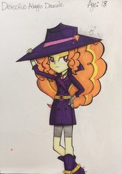 Size: 1024x1452 | Tagged: safe, artist:robocheatsy, adagio dazzle, equestria girls, g4, clothes, detective, fedora, female, gem, hat, jewelry, pendant, siren gem, solo, suit, traditional art, trenchcoat