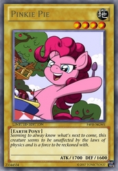 Size: 419x610 | Tagged: safe, artist:latecustomer, artist:toxictox37, pinkie pie, g4, banana split, card, clubhouse, crossover, crusaders clubhouse, female, food, ice cream, solo, spoon, yu-gi-oh!