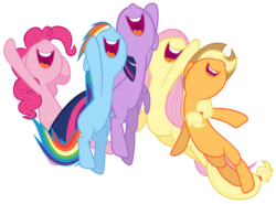 Size: 13500x10000 | Tagged: safe, artist:tardifice, applejack, fluttershy, pinkie pie, rainbow dash, twilight sparkle, alicorn, pony, g4, rarity takes manehattan, absurd resolution, floppy ears, happy, jumping, open mouth, simple background, smiling, transparent background, twilight sparkle (alicorn), vector