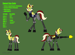 Size: 5000x3663 | Tagged: safe, artist:derpanater, oc, oc only, oc:sweet sax solo, cyborg, cyborg pony, pony, fallout equestria, fallout equestria: dance of the orthrus, absurd resolution, armor, battle saddle, clothes, gun, mirage pony, piercing, reference sheet, shooting, text, weapon