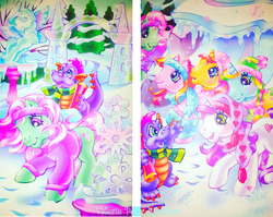 Size: 1280x1020 | Tagged: safe, artist:valerieponyrainbow, brights brightly, master kenbroath gilspotten heathspike, minty, rainbow dash (g3), rarity (g3), sweetie belle (g3), whistle wishes, g3, official, blushing, clothes, snow, statue