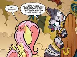 Size: 1365x1022 | Tagged: safe, artist:tony fleecs, idw, official comic, fluttershy, zecora, pegasus, pony, zebra, friends forever #5, g4, my little pony: friends forever, spoiler:comic, cropped, duo, ear piercing, earring, everfree forest, female, jewelry, leg rings, mare, neck rings, piercing, smoke, speech bubble, zecora's hut