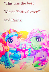 Size: 1280x1875 | Tagged: safe, artist:valerieponyrainbow, minty, rarity (g3), g3, official, blushing, chocolate, clothes, cup, food, hot chocolate, marshmallow, snow