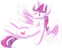 Size: 926x712 | Tagged: safe, artist:fizzy-dog, twilight sparkle, alicorn, pony, g4, female, on back, simple background, sitting, sketch, solo, spread wings, twilight sparkle (alicorn), white background