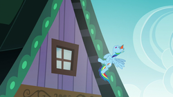 Size: 1280x720 | Tagged: safe, screencap, rainbow dash, pony, 28 pranks later, g4, female, flying, house, laughing, prank, skunk spray, smell, smelly, solo, visible stench, window