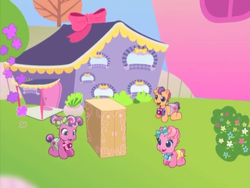 Size: 640x480 | Tagged: safe, screencap, cheerilee (g3), pinkie pie (g3), scootaloo (g3), pony, g3, g3.5, newborn cuties, once upon a my little pony time, over two rainbows, baby, baby pony, bow, box, camera, cutie mark diapers, diaper, laughing, open mouth, remake, remastered