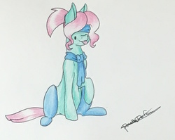 Size: 847x673 | Tagged: safe, artist:ponettedefeu, oc, oc only, oc:💚, earth pony, pony, clothes, scarf, socks, solo, tongue out, traditional art