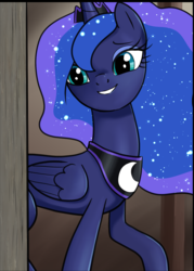 Size: 1121x1569 | Tagged: safe, artist:pencils, princess luna, alicorn, pony, comic:anon's pie adventure, g4, concave belly, cropped, cute, ethereal mane, eyelashes, female, lunabetes, mare, peytral, slender, smiling, solo, starry mane, thin