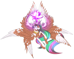 Size: 3684x2952 | Tagged: safe, artist:beardie, princess celestia, alicorn, pony, seraph, seraphicorn, g4, female, flying, glare, high res, magic, mare, multiple wings, open mouth, runes, simple background, solo, spread wings, transparent background