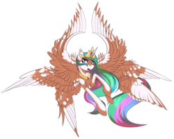 Size: 3684x2952 | Tagged: safe, artist:beardie, princess celestia, alicorn, pony, seraph, seraphicorn, g4, female, flying, glare, high res, mare, multiple wings, open mouth, simple background, solo, spread wings, transparent background