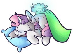 Size: 7016x5230 | Tagged: safe, artist:cutepencilcase, sweetie belle, g4, absurd resolution, blanket, female, implied rarity, magic, offscreen character, open mouth, pillow, simple background, sleeping, sleepy belle, snoring, solo, transparent background