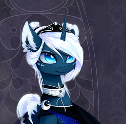 Size: 2480x2441 | Tagged: safe, artist:magnaluna, princess luna, alicorn, pony, g4, alternate design, alternate hairstyle, alternate universe, beautiful, blue eyes, bust, colored pupils, crown, curved horn, ear fluff, female, high res, horn, jewelry, mare, necklace, portrait, regalia, solo, white-haired luna