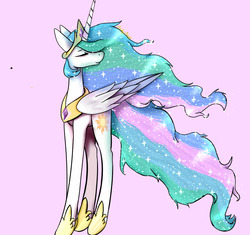 Size: 1080x1017 | Tagged: safe, artist:candystarkitty, princess celestia, g4, eyes closed, female, flowing mane, hair over one eye, impossibly long legs, pink background, simple background, smiling, solo