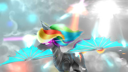 Size: 4000x2250 | Tagged: safe, artist:candystarkitty, rainbow dash, robot, g4, cloud, female, flying, lens flare, sky, solo
