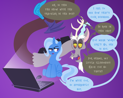 Size: 1280x1024 | Tagged: safe, artist:turkleson, discord, trixie, pony, unicorn, g4, computer, dialogue, discord-trolls, doctor who, female, gradient background, laptop computer, lidded eyes, looking sideways, male, mare, open mouth, purple background, shipping, simple background, sitting, smiling, straight, trixcord, underhoof