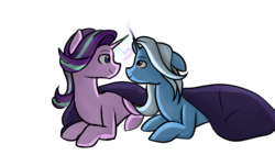 Size: 1280x720 | Tagged: safe, artist:doodledonut, starlight glimmer, trixie, pony, unicorn, g4, blanket, duo, female, floppy ears, heart, lesbian, looking at each other, magic, mare, prone, ship:startrix, shipping, simple background, smiling, transparent background