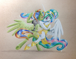 Size: 1032x800 | Tagged: safe, artist:zene, princess celestia, oc, oc:storm spark, alicorn, pegasus, pony, g4, bipedal, canon x oc, clothes, dancing, dress, lidded eyes, looking at each other, shipping, smiling, sparkles, spread wings, suit, underhoof
