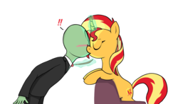 Size: 1720x1010 | Tagged: safe, artist:zharkaer, sunset shimmer, oc, oc:anon, human, pony, unicorn, equestria girls, g4, blushing, chair, curved horn, duo, exclamation point, eyes closed, horn, interspecies, kissing, magic, necktie, simple background, surprise kiss, surprised, telekinesis, transparent background