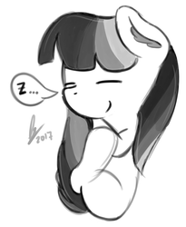 Size: 2402x2931 | Tagged: safe, artist:lavdraws, oc, oc only, earth pony, pony, curled up, grayscale, high res, monochrome, simple background, sketch, sleeping, solo, speech bubble, white background, z