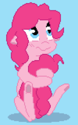 Size: 500x800 | Tagged: dead source, safe, artist:php47, pinkie pie, g4, blue background, female, floppy ears, hug, pixel art, simple background, solo, tail hug, underhoof, wavy mouth