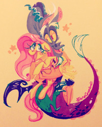 Size: 1280x1600 | Tagged: safe, artist:janegumball, discord, fluttershy, pegasus, pony, g4, duo, female, floppy ears, friendship, happy, hug, male, mare, traditional art