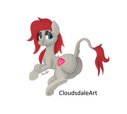 Size: 1600x1437 | Tagged: safe, artist:cloudsdaleart, oc, oc only, oc:ponepony, butt, eyeshadow, heart, long tail, lying down, makeup, plot, red hair, simple background, solo, white background
