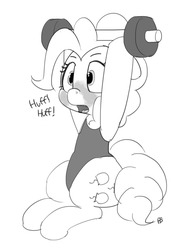 Size: 1280x1770 | Tagged: safe, artist:pabbley, pinkie pie, g4, female, grayscale, leotard, monochrome, panting, simple background, solo, weight lifting, white background, workout