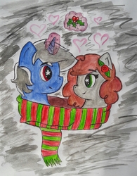 Size: 1876x2404 | Tagged: safe, oc, oc only, oc:maggie, oc:mr. frost, anniversary, christmas, clothes, holly, holly mistaken for mistletoe, love, magic, scarf, shared clothing, shared scarf, shipping, starry eyes, traditional art, wingding eyes