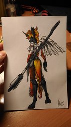 Size: 1215x2160 | Tagged: safe, artist:stirren, oc, oc only, oc:stirren, anthro, unguligrade anthro, caduceus, clothes, cosplay, costume, horn, looking at you, looking back, mercy, overwatch, pose, solo, traditional art, valkyrie, wings, wip