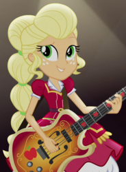 Size: 558x760 | Tagged: safe, screencap, applejack, equestria girls, g4, my little pony equestria girls: legend of everfree, alternate hairstyle, bass guitar, clothes, cropped, crystal gala, female, freckles, musical instrument, solo