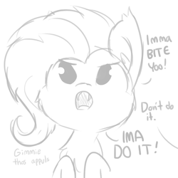Size: 792x792 | Tagged: safe, artist:tjpones, fluttershy, bat pony, pony, g4, appul, cheek fluff, chest fluff, cute, dialogue, fangs, female, flutterbat, grayscale, monochrome, offscreen character, open mouth, race swap, shyabates, shyabetes, simple background, solo, tjpones is trying to murder us, what do you want, white background