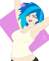 Size: 1280x1600 | Tagged: safe, artist:souladdicted, dj pon-3, vinyl scratch, human, armpits, breasts, busty vinyl scratch, cleavage, clothes, female, humanized, midriff, solo, tanktop