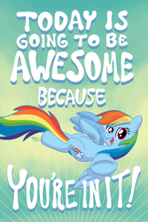 Size: 800x1200 | Tagged: safe, artist:1trick, rainbow dash, pegasus, pony, g4, female, flying, looking at you, mare, motivation, motivational poster, open mouth, pointing, positive ponies, poster, smiling, solo, spread wings, text, underhoof