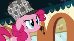 Size: 1366x768 | Tagged: safe, screencap, pinkie pie, earth pony, pony, g4, mmmystery on the friendship express, cute, deerstalker, detective, female, floppy ears, hat, mare, scrunchy face, sherlock pie, solo, train