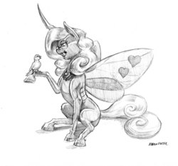 Size: 1400x1304 | Tagged: safe, artist:baron engel, queen chrysalis, bird, changeling, changeling queen, g4, female, glasses, grayscale, mirror universe, monochrome, pencil drawing, raised hoof, reversalis, sitting, sketch, smiling, solo, traditional art