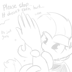 Size: 792x792 | Tagged: safe, artist:tjpones, fluttershy, bat pony, human, pony, g4, biting, cute, dialogue, disembodied hand, drool, fangs, flutterbat, grayscale, hand, monochrome, nom, offscreen character, race swap, shyabates, shyabetes, simple background, spread wings, tjpones is trying to murder us, white background